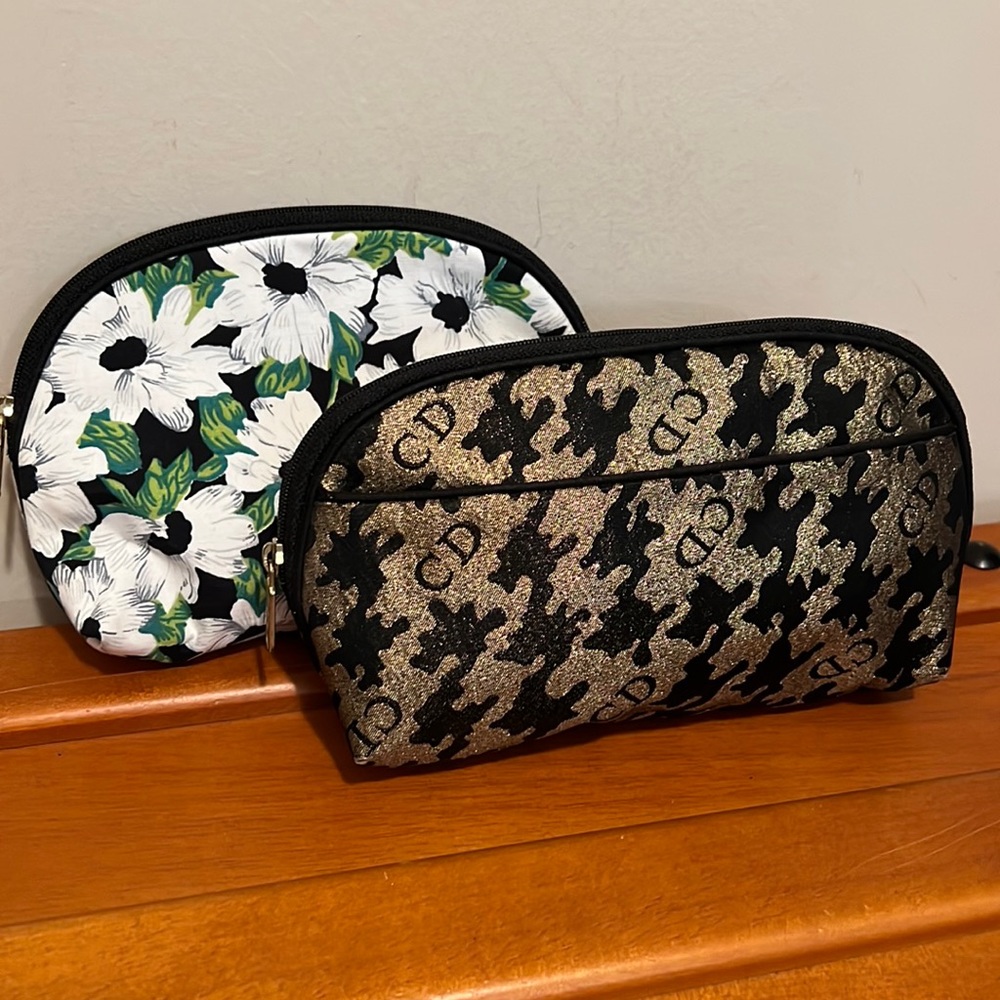 2pc Rare Vintage Christian Dior CD Make Up Cosmetic Bag Pouch Travel Floral Gold